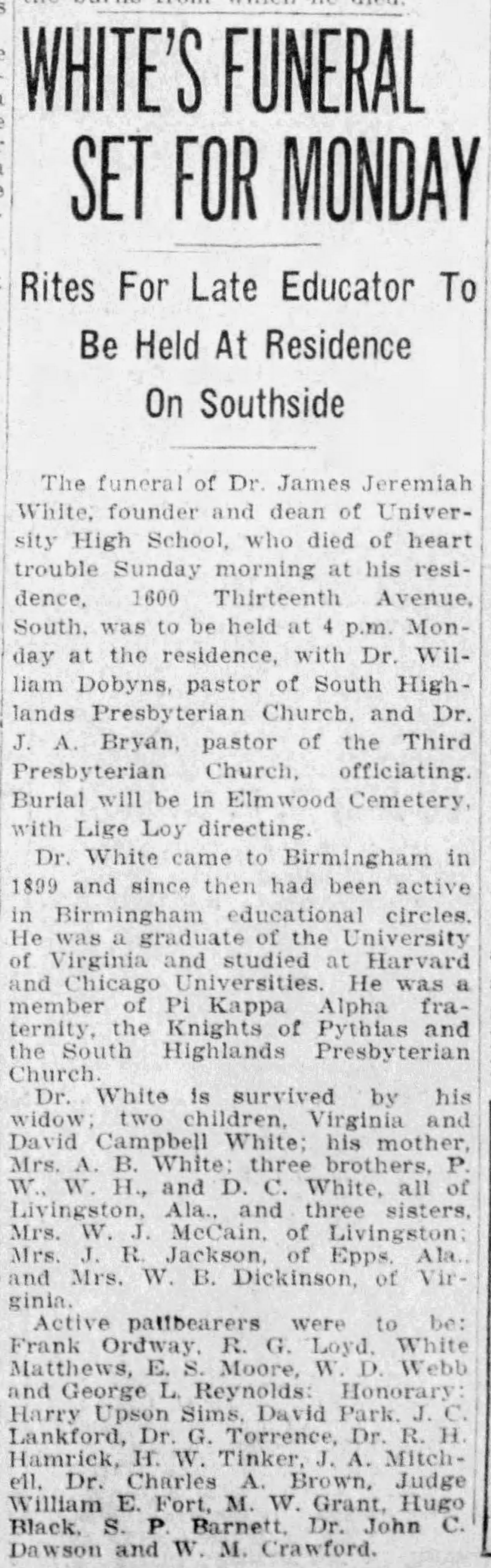 White's Funderal Set For Monday